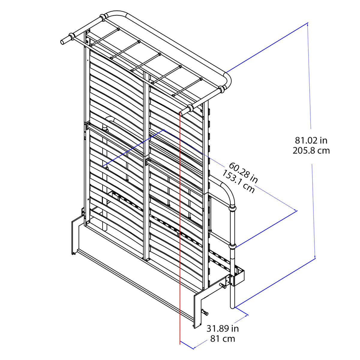 Technical dimension diagram of a metal bed frame in the lifted position, showing a line drawing with blue and red measurement annotations and labels in inches and centimeters.