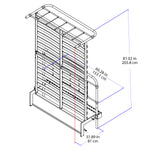 Technical dimension diagram of a metal bed frame in the lifted position, showing a line drawing with blue and red measurement annotations and labels in inches and centimeters.