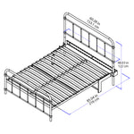 Technical line drawing of a metal bed frame with dimension annotations showing headboard height, footboard width, and bed width in inches and centimeters on a white background.