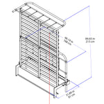 Technical dimension diagram of a metal bed frame in the lifted position with blue measurement lines and text showing height and width in inches and centimeters on a white background.