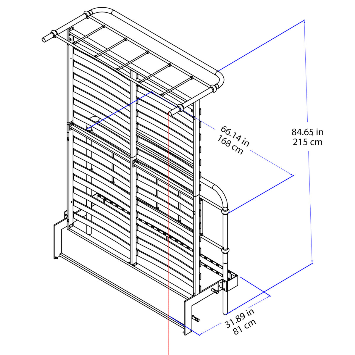 Technical dimension diagram of a metal bed frame in the lifted position with blue measurement lines and text showing height and width in inches and centimeters on a white background.