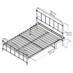 Technical line drawing of a metal bed frame with dimension labels and measurements in inches and centimeters on a white background.