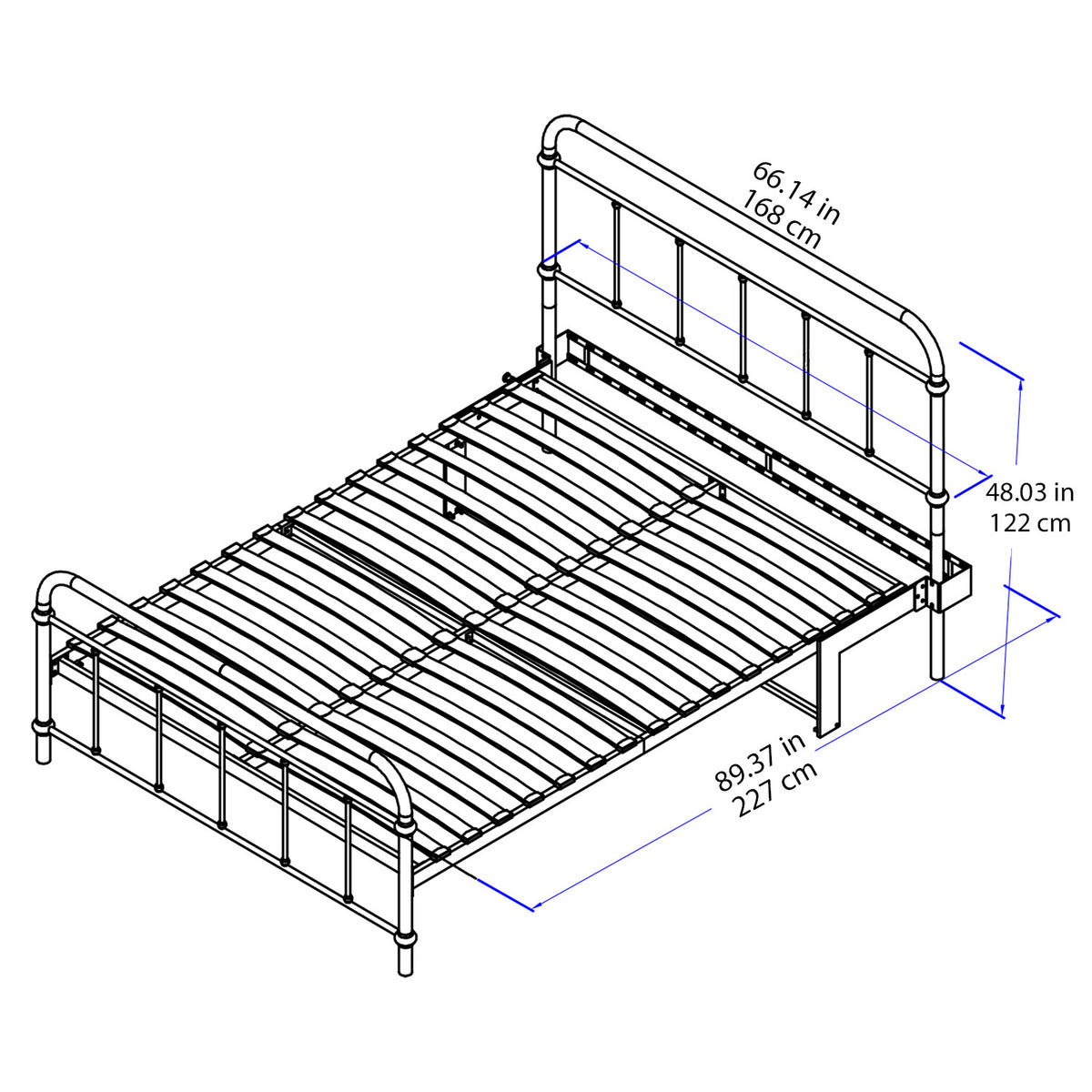 Technical line drawing of a metal bed frame with dimension labels and measurements in inches and centimeters on a white background.
