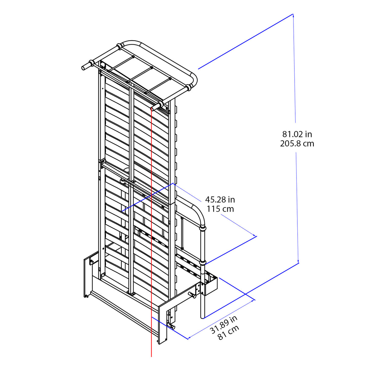 Technical dimension diagram of a metal bed frame with the bed in the lifted position on white background, with blue measurement lines and text indicating height, width, and depth in inches and centimeters.