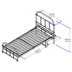 Black and white line drawing of a metal bed frame with dimension annotations showing headboard height, footboard width, and overall bed length and height.