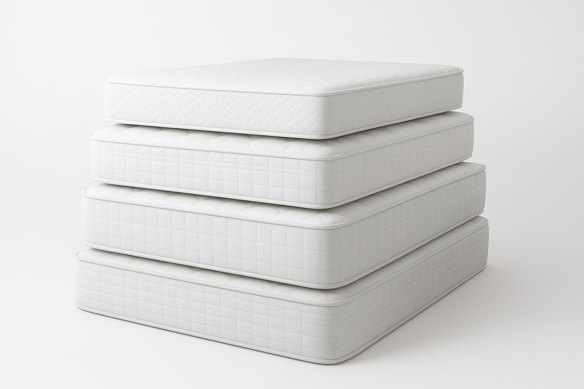 Four stacked white mattress toppers with quilted grid patterns, photographed on a seamless light gray studio background.