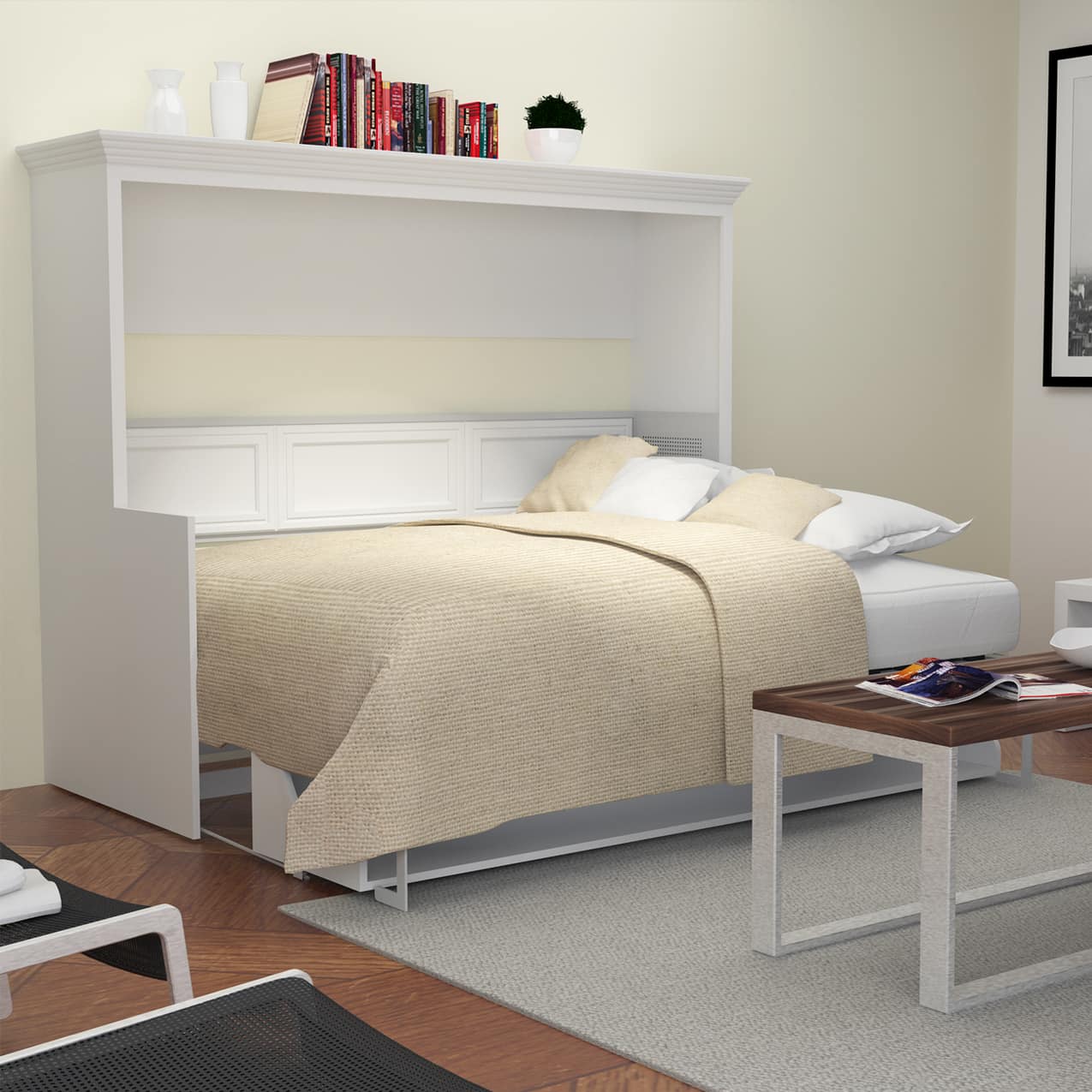 adonis full horizontal murphy bed with desk showing the bed open foldable bed wall desk murphy desk hidden hideaway desk bed combo