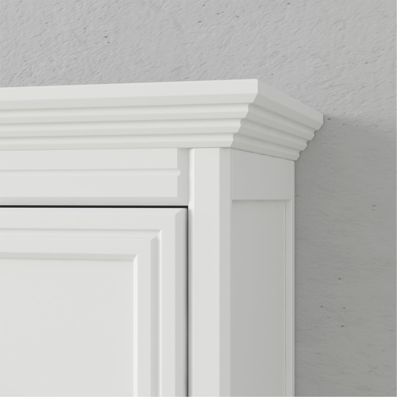close up of the top molding made of solid wood of the adonis queen murphy bed with storage