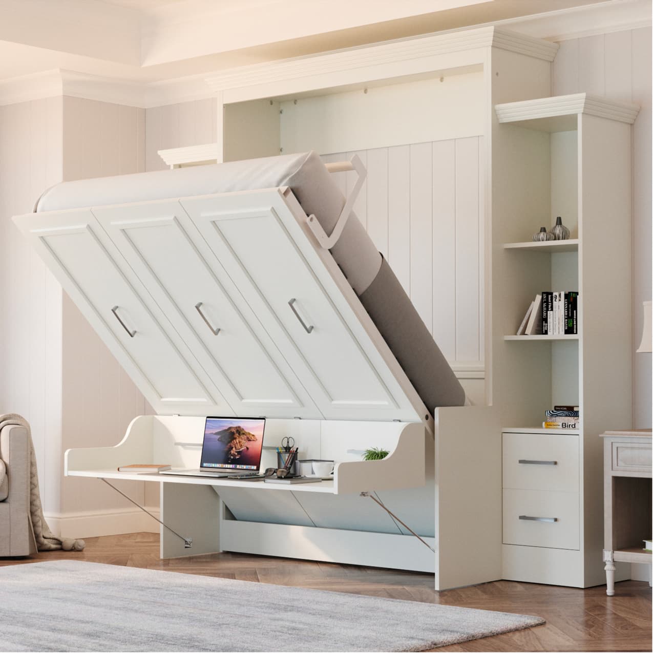 aegis queen murphy bed opening to show the desk stays level when the bed is open home office guest bed hidden hideaway hide-a-way hide away