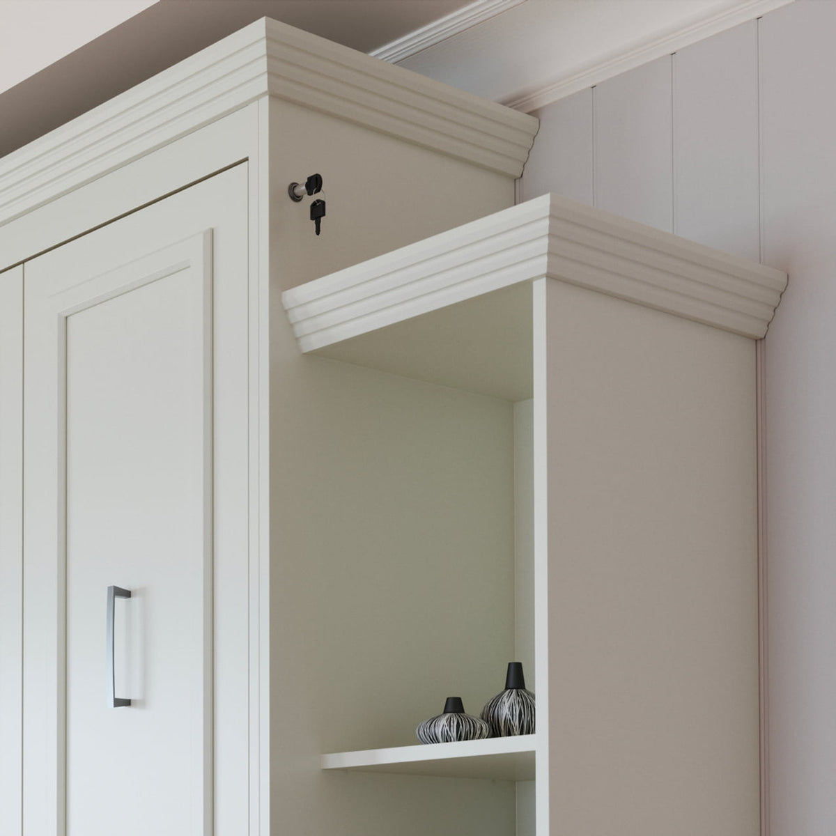 close up of the aegis queen murphy bed cabinet lock and top moldings hidden bed hide away hide-a-way fold out pull down diy murphy bed kit