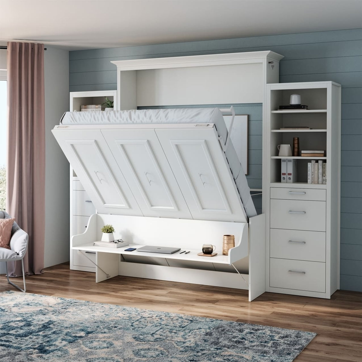 Alegra queen full murphy bed with desk and storage cabinet hidden hide away diy murphy bed kit pull down fold out office bed murphy desk bed combo customizable storage shelves pullout nightstand drawers