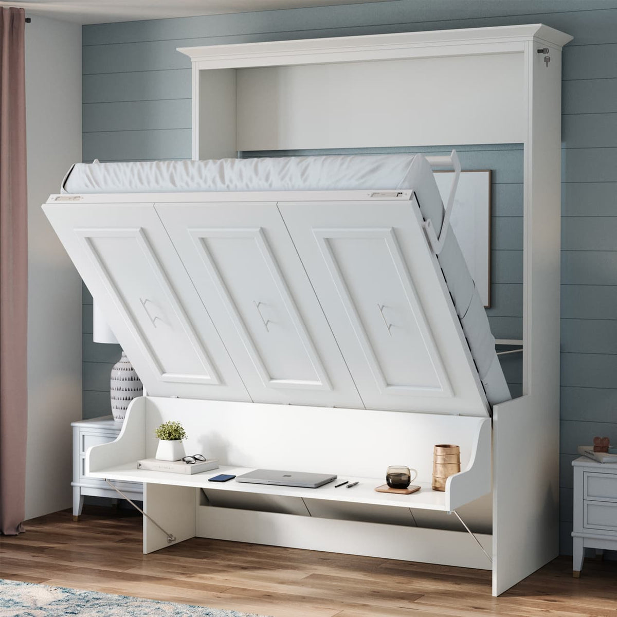 alegra queen murphy bed with desk cabinet open at 45 degrees showing desk stays level hidden hide away hide-a-way diy murphy bed kit wall bed cabinet home office guest bed
