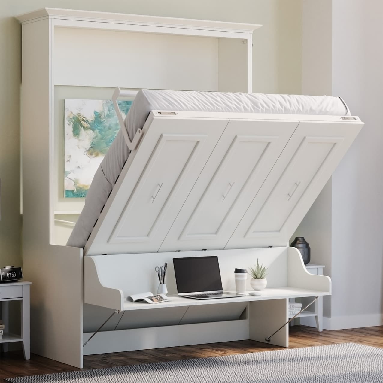 Alegra full murphy bed with desk cabinet open at 45 degrees showing desk staying level hiden hide away hide-a-way diy murphy bed kit fold out pull down home office best bed wall bed cabinet