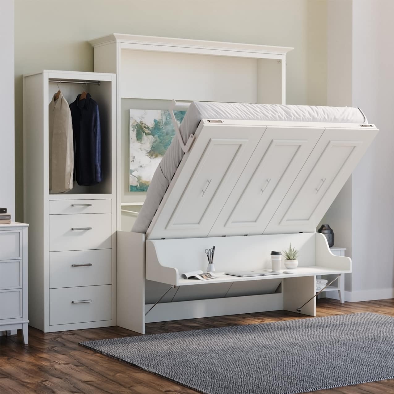 alegra full murphy bed with desk with cabinet open at 45 degrees showing the desk staying flat hidden hide away hide-a-way home office guest bed diy murphy bed kit wall bed cabinet