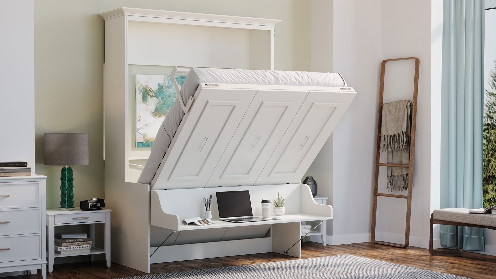 A white Murphy bed with a desk in a bright bedroom setting, shown with the cabinet partially open and the desk staying level. It is next to a white nightstand and a wooden ladder shelf.