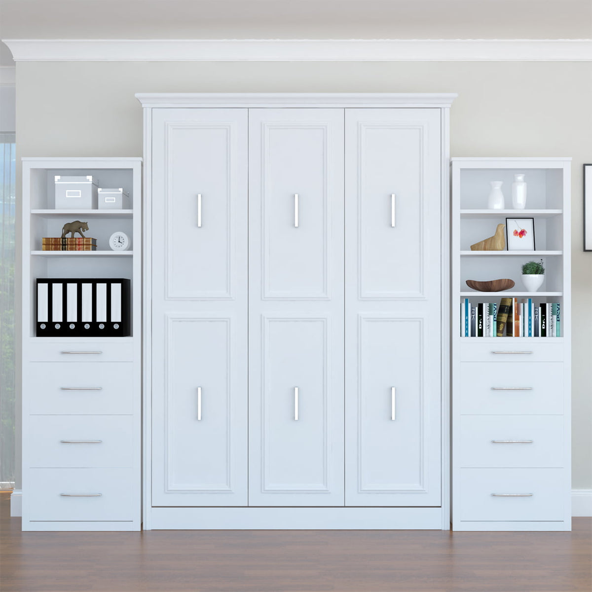 Alegra queen murphy bed with 2 storage cabinets bed closed hidden hide away hide-a-way fold out pull down diy murphy bed kit wall bed cabinet storage towers adjustable shelves drawer and pull-out nightstand