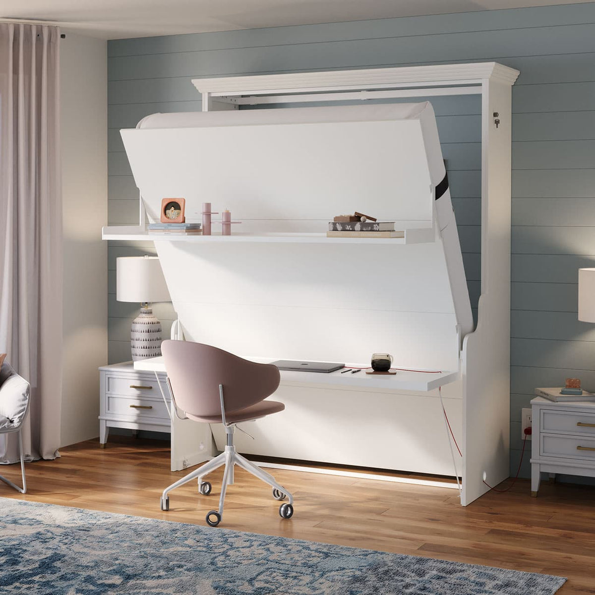 Murphy bed with desk and shelf, lit escamotable avec un bureau space saving furniture queen full size