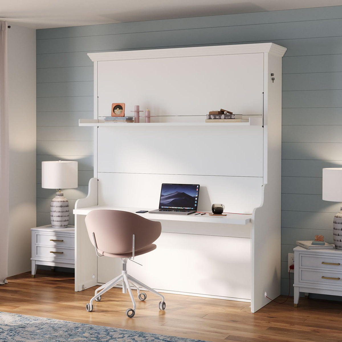 Murphy bed with desk and shelf, lit escamotable avec un bureau space saving furniture queen full size