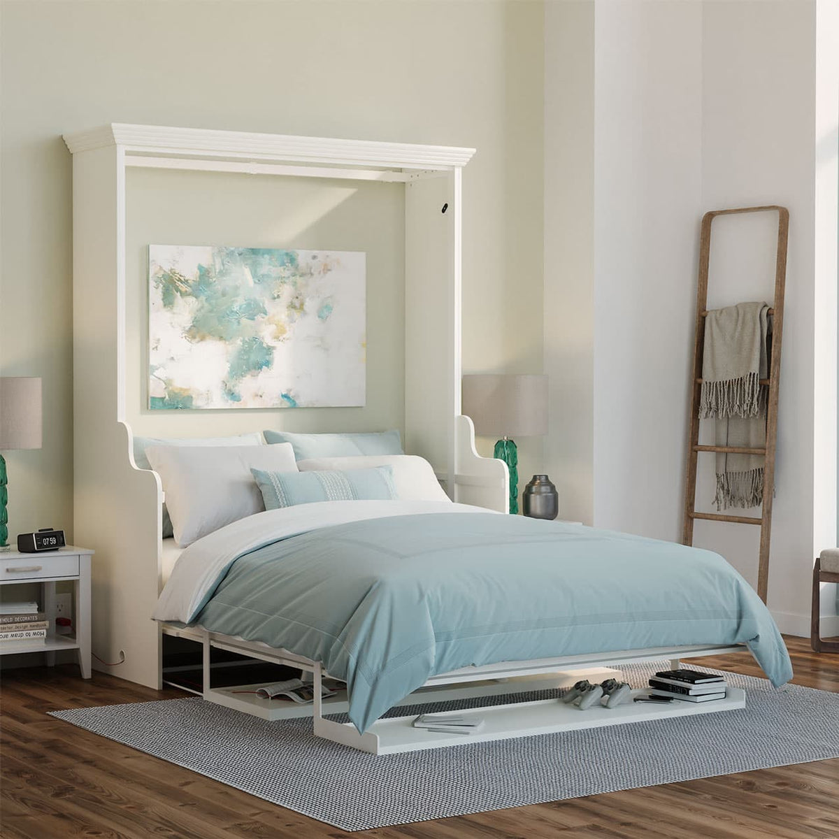 Murphy bed with desk and shelf, lit escamotable avec un bureau space saving furniture queen full size
