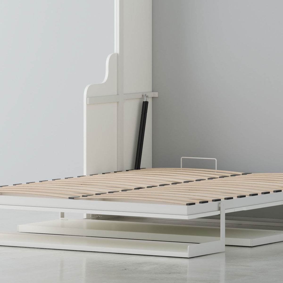 A modern Murphy bed with a desk and shelf. It has a white metal frame, light wood mattress support slats, and a 4-piston dual-stage hydraulic lift system, shown in a minimalist room setting.