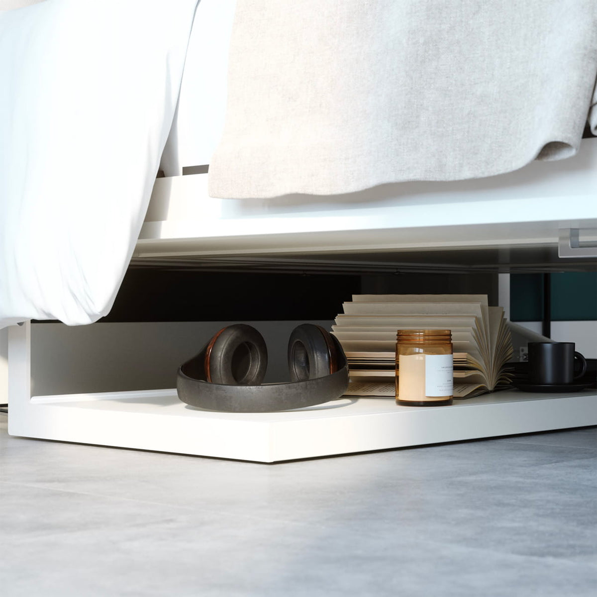 closeup of the azores queen murphy bed with desk still level under the bed hidden hideaway hide away hide-away diy murphy bed kit fold out pull down wall bed cabinet self-leveling desk bed combo home office guest bed