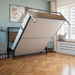 Foldable bed in a room with wooden flooring and a window.bed frame shelf headboard footboard walnut charger charging station panel mahogany black brown bedroom furniture