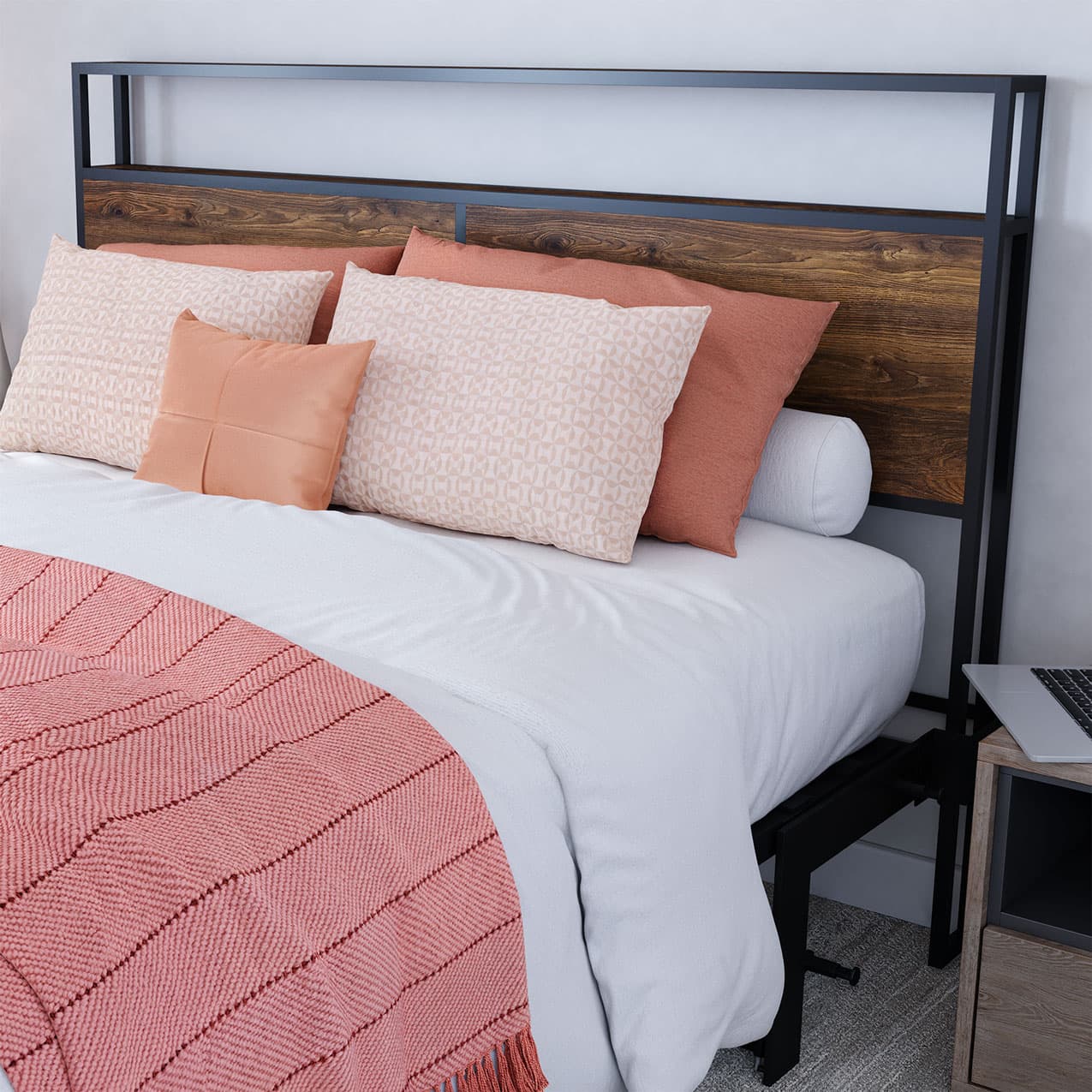 Bed with wooden headboard, [oml and beige pillows, and a pink blanket.
bed frame shelf headboard footboard walnut charger charging station panel mahogany black brown bedroom furniture