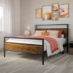Wooden bed frame with metal accents in a bedroom setting.
bed frame shelf headboard footboard walnut charger charging station panel mahogany black brown bedroom furniture