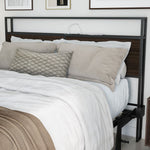 Bed with gray and beige bedding in a bedroom settingbed frame shelf headboard footboard walnut charger charging station panel mahogany black brown bedroom furniture