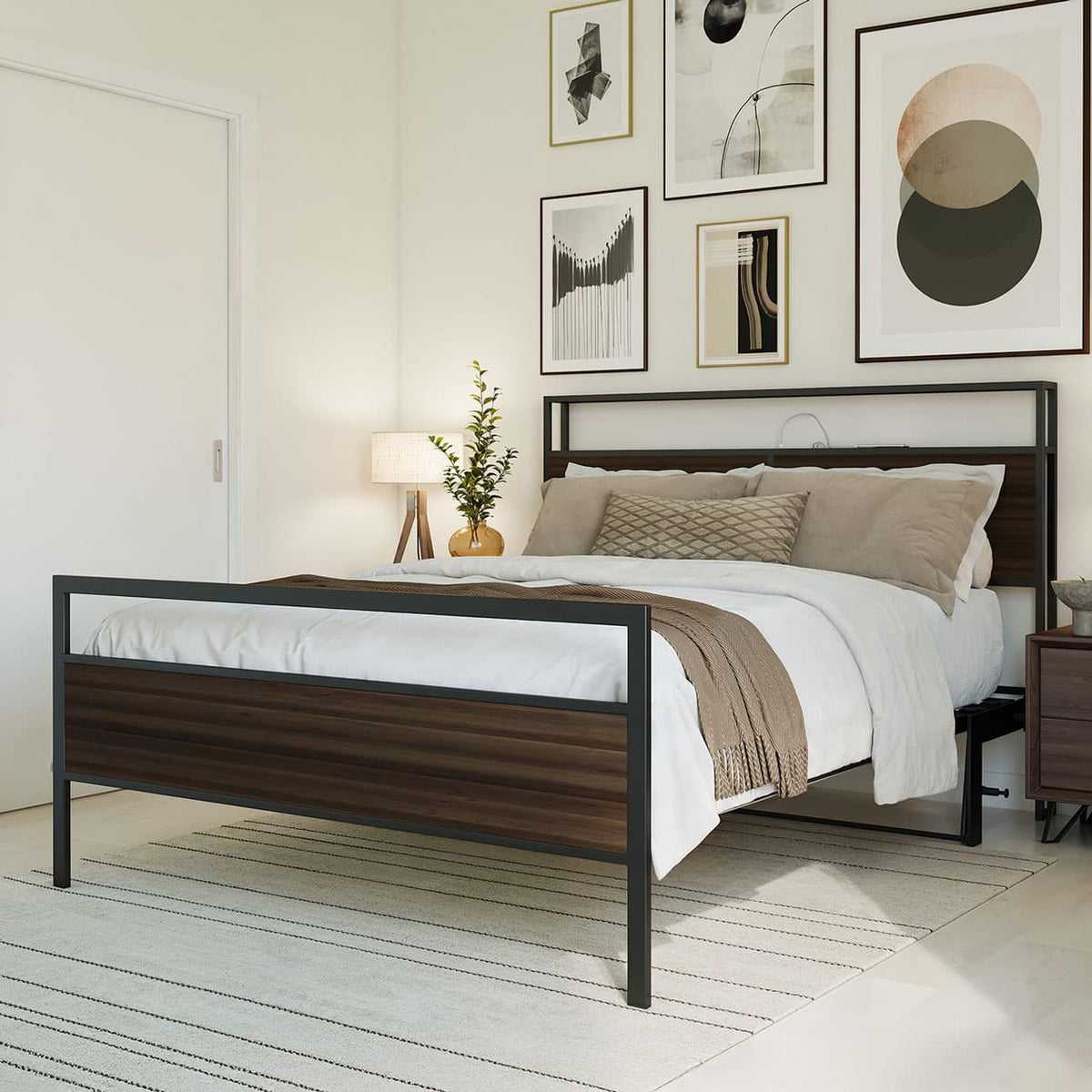 Bedroom with a wooden bed frame, white bedding, and decorative pillows.Woman exercising on a mat with a whiteboard displaying workout plans in the background.