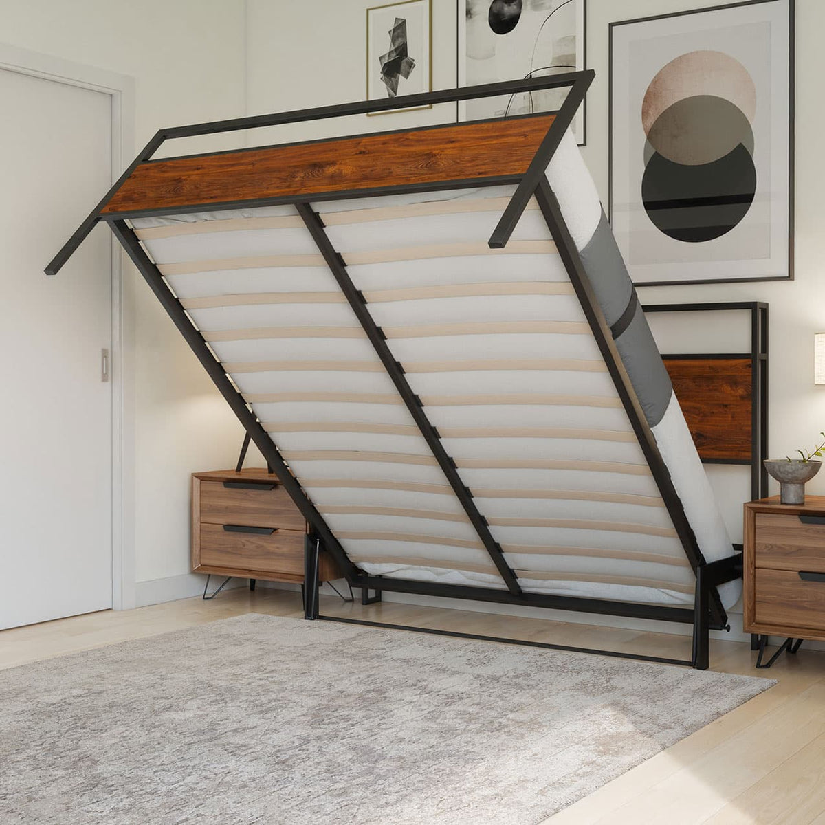 Foldable bed in a room with wooden furniture and wall art
bed frame shelf headboard footboard walnut charger charging station panel mahogany black brown bedroom furniture