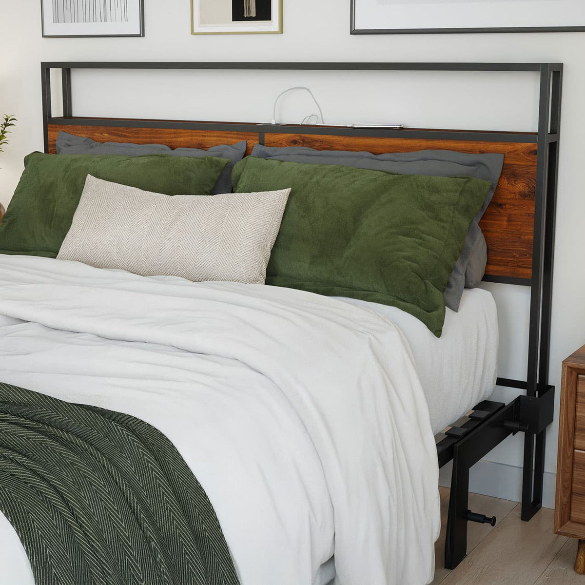 Bed with green and gray bedding, wooden headboard, and nightstands.
bed frame shelf headboard footboard walnut charger charging station panel mahogany black brown bedroom furniture