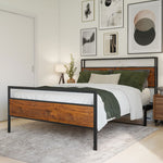 Wooden bed frame with black metal accents in a bedroom setting.
bed frame shelf headboard footboard walnut charger charging station panel mahogany black brown bedroom furniture