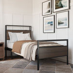 Bedroom with a bed featuring a brown headboard and bedding, framed pictures on the wall.bed frame shelf headboard footboard walnut charger charging station panel mahogany black brown bedroom furniture