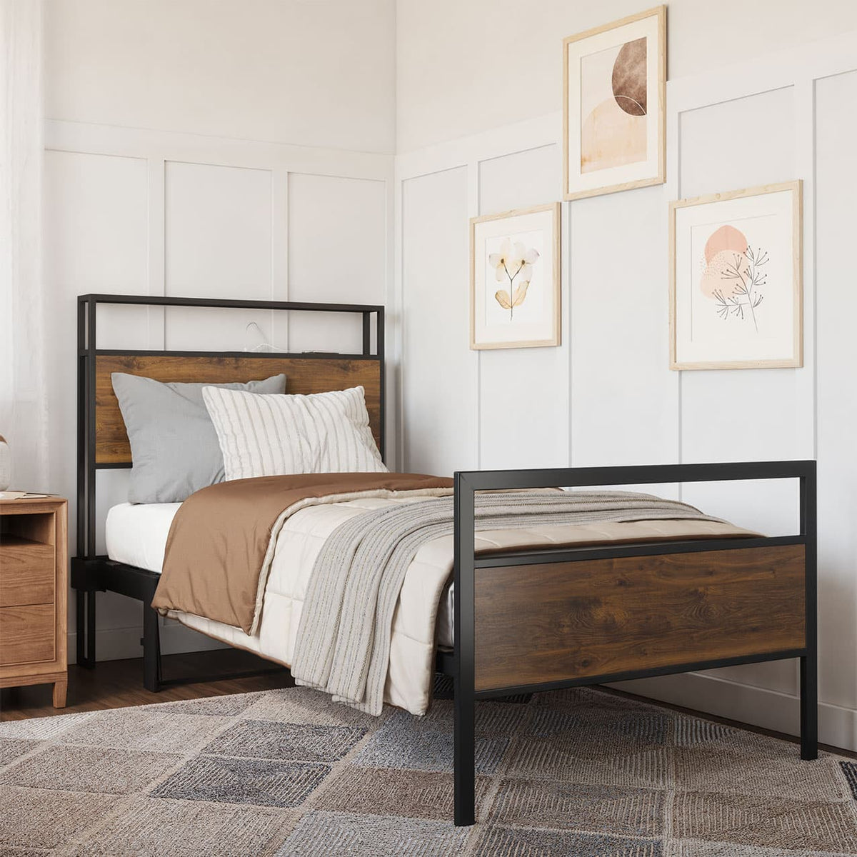 Wooden bed with metal frame in a bedroom setting 
bed frame shelf headboard footboard walnut charger charging station panel mahogany black brown bedroom furniture