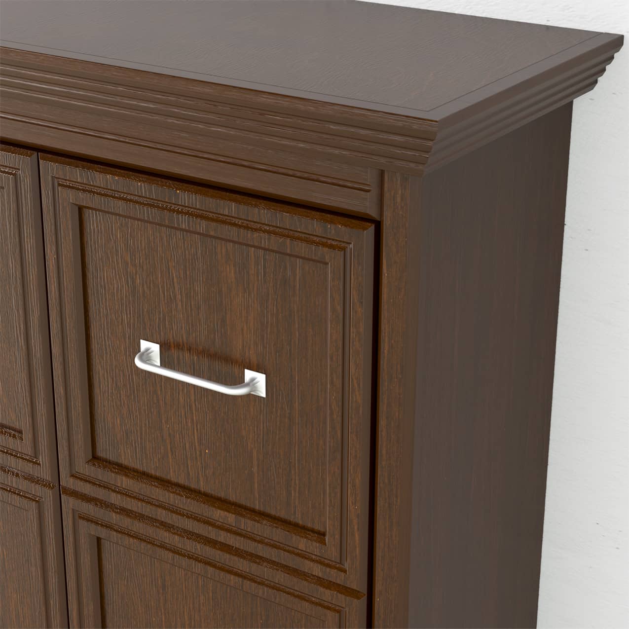 closeup of the chamberlin full murphy bed solid wood top molding and brushed aluminum hardware hidden hideawy hide away hide-a-way diy murphy bed kit fold out pull down wall bed cabinet guest bed
