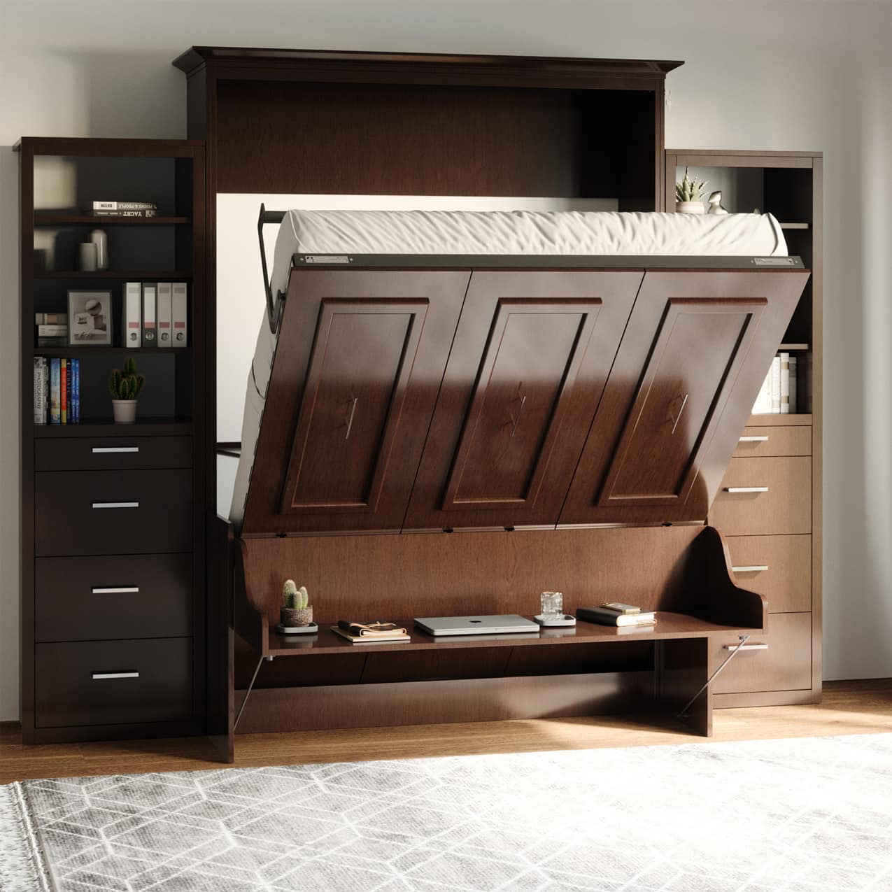 coventry queen muprhy bed with storage cabinets bed open to 45 degrees showing desk still level hidden hideaway hide away hide-a-way diy murphy bed kit fold out pull down wall bed cabinet desk bed combo home office guest bed customizable storage adjustable shelves pullout nightstand drawers