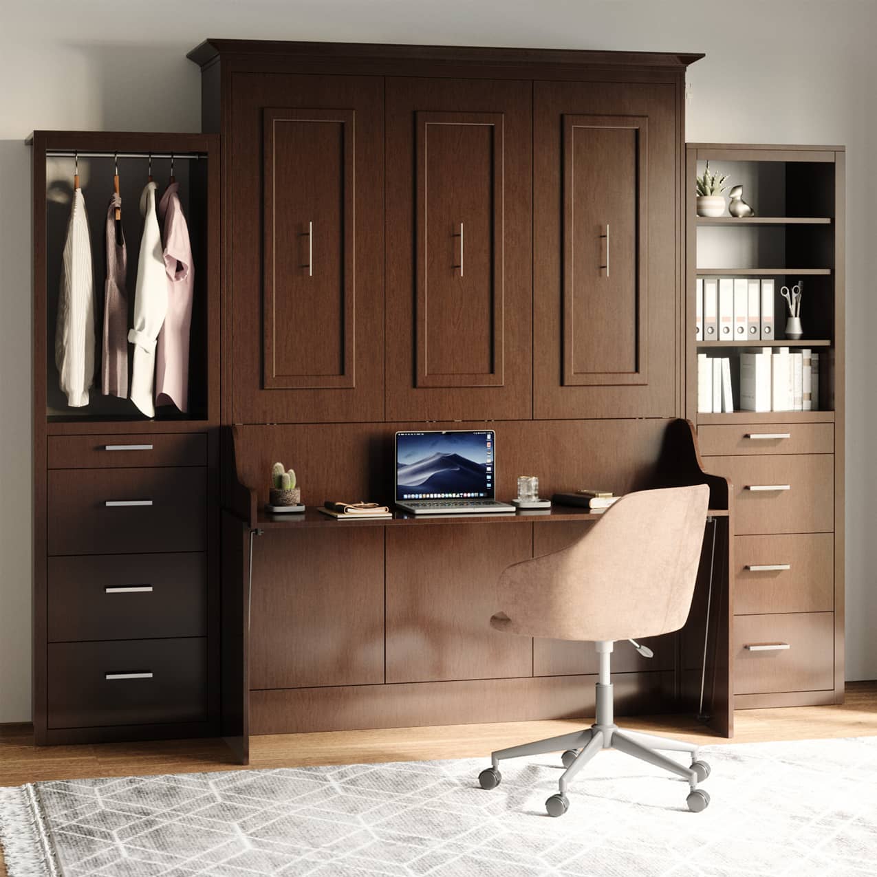 coventry queen murphy bed with desk and storage cabinets bed closed hidden hideaway hide away hide-a-way diy murphy bed kit fold out pull down wall bed cabinet desk bed combo home office guest bed adjustable shelves haning bar for clothes pullout nightstand drawers