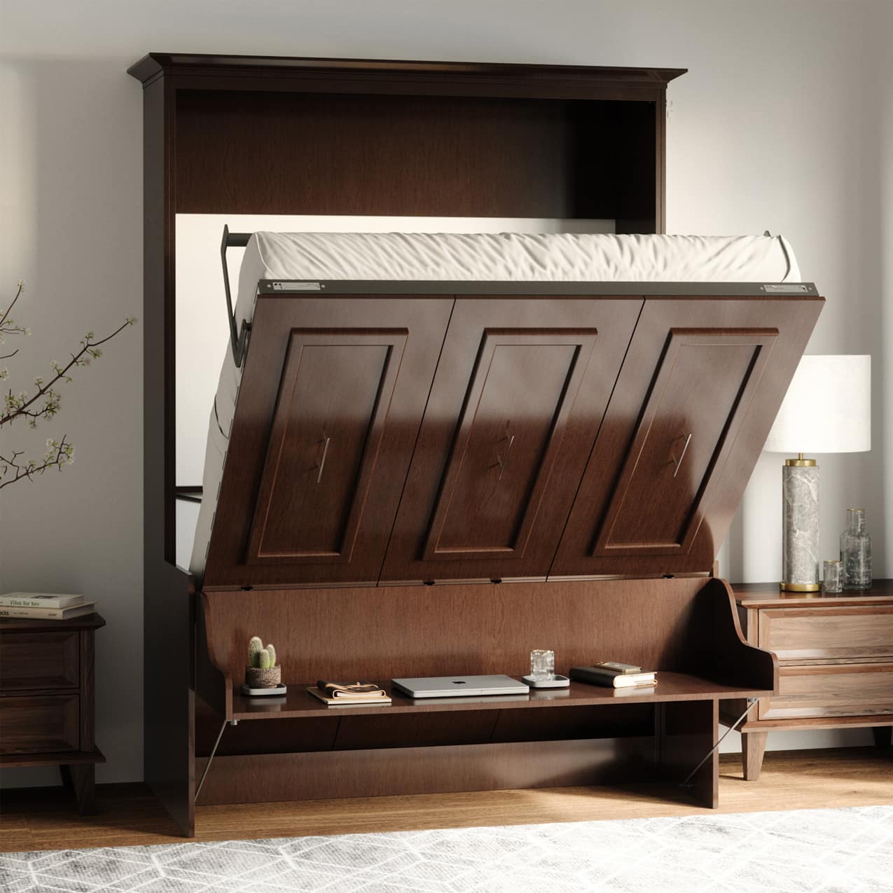 coventry queen murphy bed with desk bed open to 45 degrees to show the desk still flat hidden hideaway hide away hide-a-way diy murphy bed kit fold out pull down wall bed cabinet desk bed combo home office guest bed