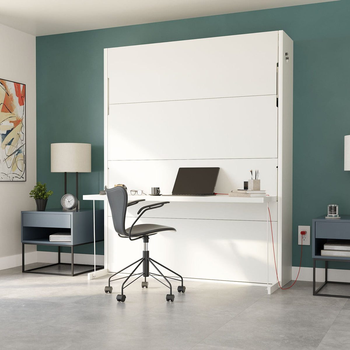 White Murphy Bed with desk Lit escamotable avec un bureau Space saving furniture