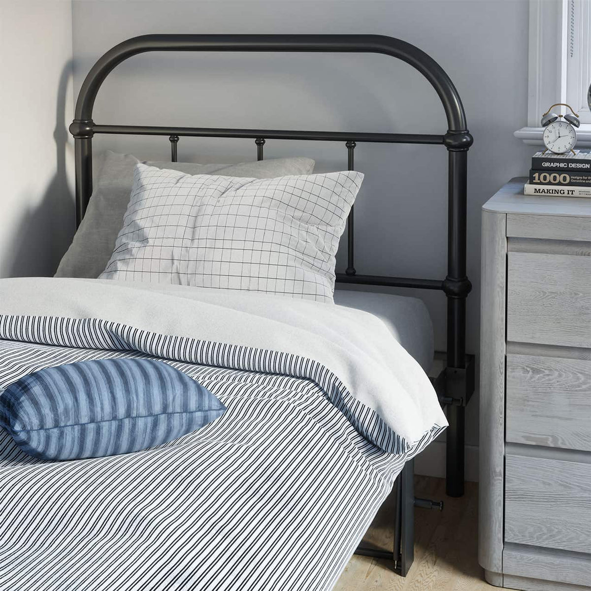 Bed with striped bedding and metal headboard next to a nightstand.
bed frame with headboard footboard lift bed storage lift up bedroom furniture risers space-saving black metal 
