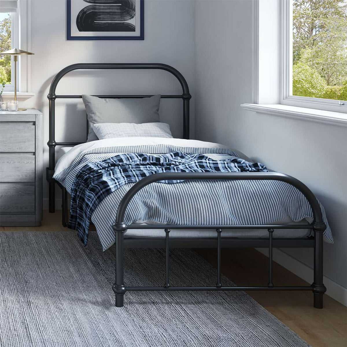 Black metal bed frame with bedding in a bedroom setting
bed frame with headboard footboard lift bed storage lift up bedroom furniture risers space-saving black metal 