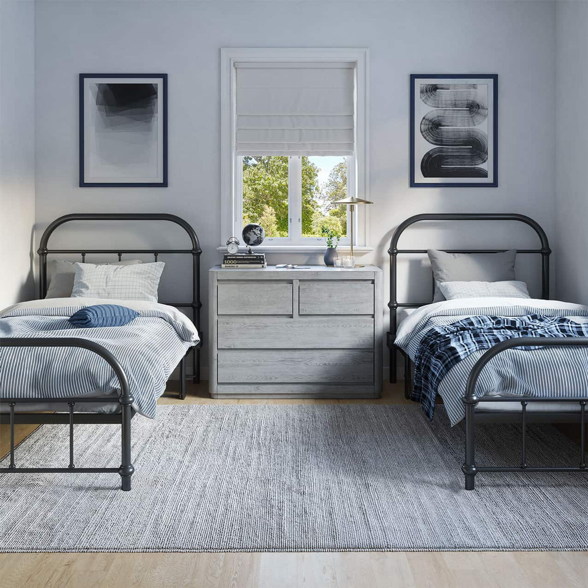 Two twin beds with metal frames in a bedroom setting.
bed frame with headboard footboard lift bed storage lift up bedroom furniture risers space-saving black metal 