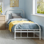 White metal bed with blue bedding and yellow blanket in a room with light blue walls and a window.
bed frame with headboard footboard lift bed storage lift up bedroom furniture risers space-saving black metal 