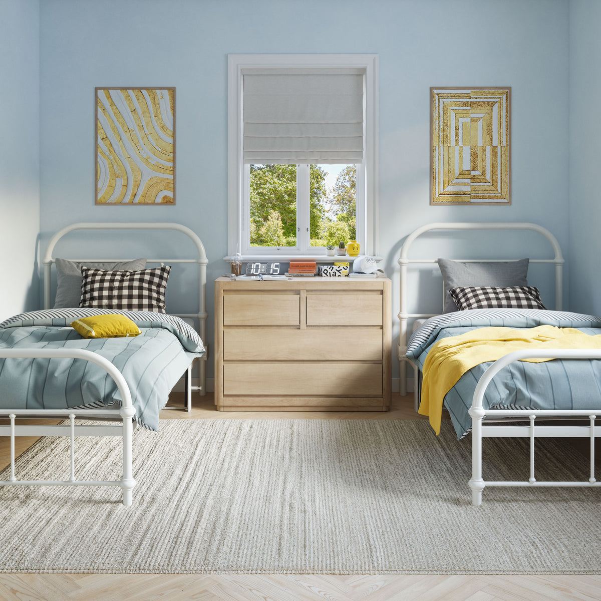 Children's bedroom with two beds, a dresser, and decorative elements.bed frame with headboard footboard lift bed storage lift up bedroom furniture risers space-saving white metal 