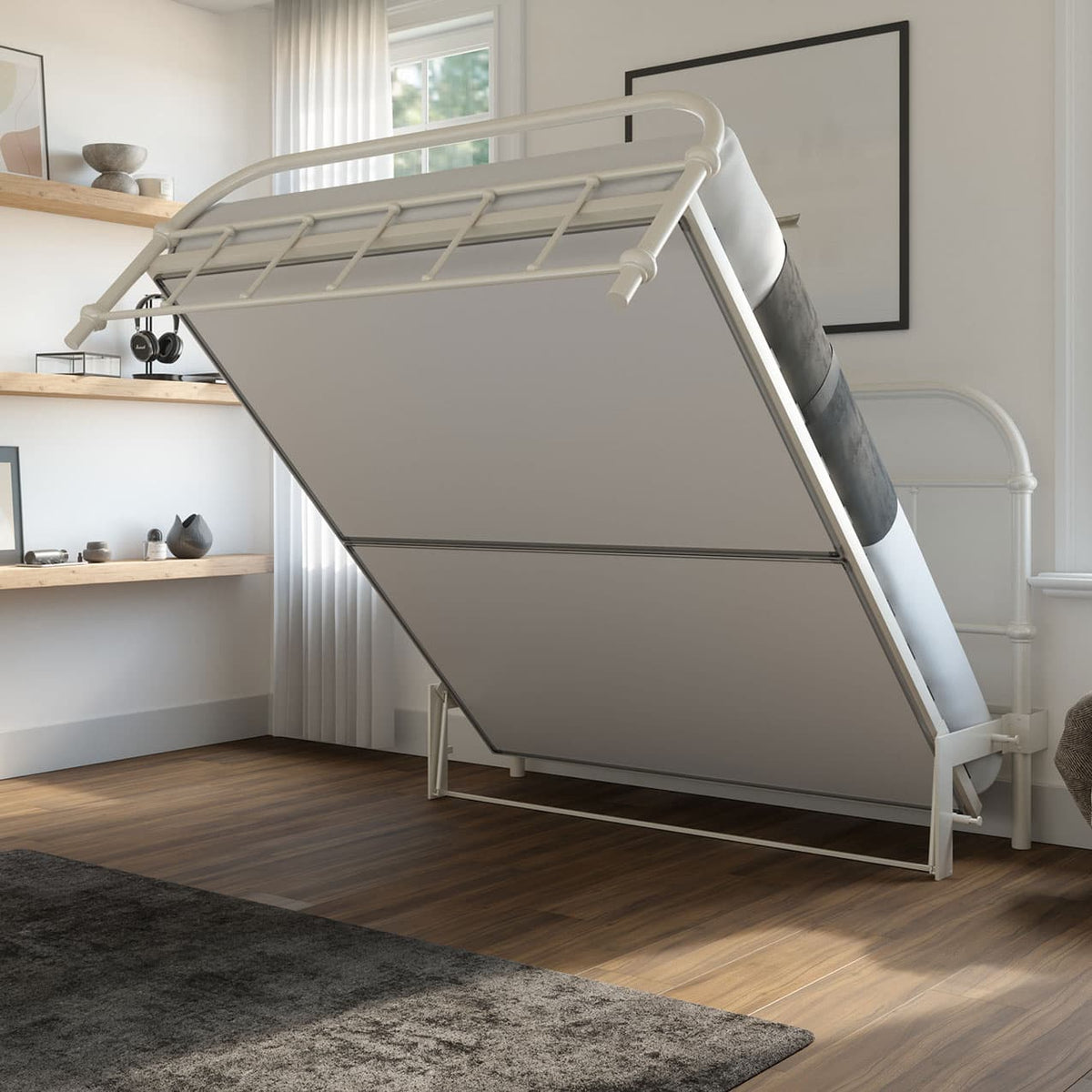 Folding bed in a modern room with wooden floor and neutral decor.bed frame with headboard footboard lift bed storage lift up bedroom furniture risers space-saving white metal 