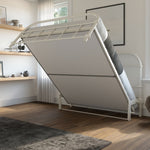 Folding bed in a modern room with wooden floor and neutral decor.bed frame with headboard footboard lift bed storage lift up bedroom furniture risers space-saving white metal 